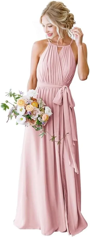Dresses for Women 2024 Wedding Guest Halter Pleated Chiffon Bridesmaid Dresses with Pockets