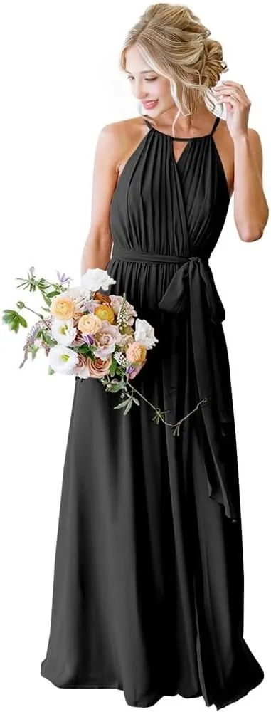 Dresses for Women 2024 Wedding Guest Halter Pleated Chiffon Bridesmaid Dresses with Pockets