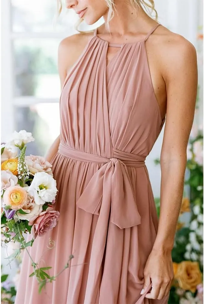 Dresses for Women 2024 Wedding Guest Halter Pleated Chiffon Bridesmaid Dresses with Pockets