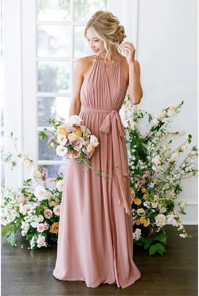 Dresses for Women 2024 Wedding Guest Halter Pleated Chiffon Bridesmaid Dresses with Pockets