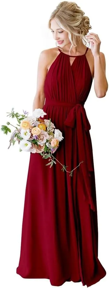 Dresses for Women 2024 Wedding Guest Halter Pleated Chiffon Bridesmaid Dresses with Pockets