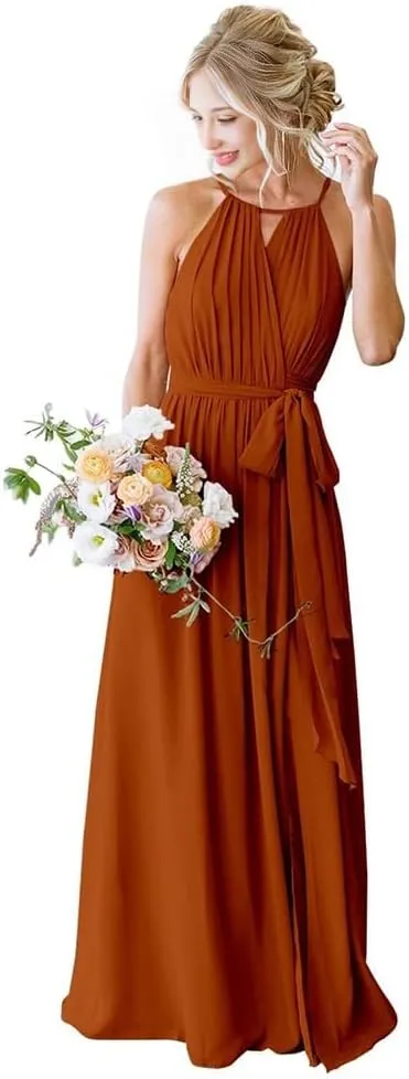 Dresses for Women 2024 Wedding Guest Halter Pleated Chiffon Bridesmaid Dresses with Pockets