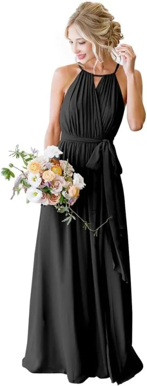Dresses for Women 2024 Wedding Guest Halter Pleated Chiffon Bridesmaid Dresses with Pockets