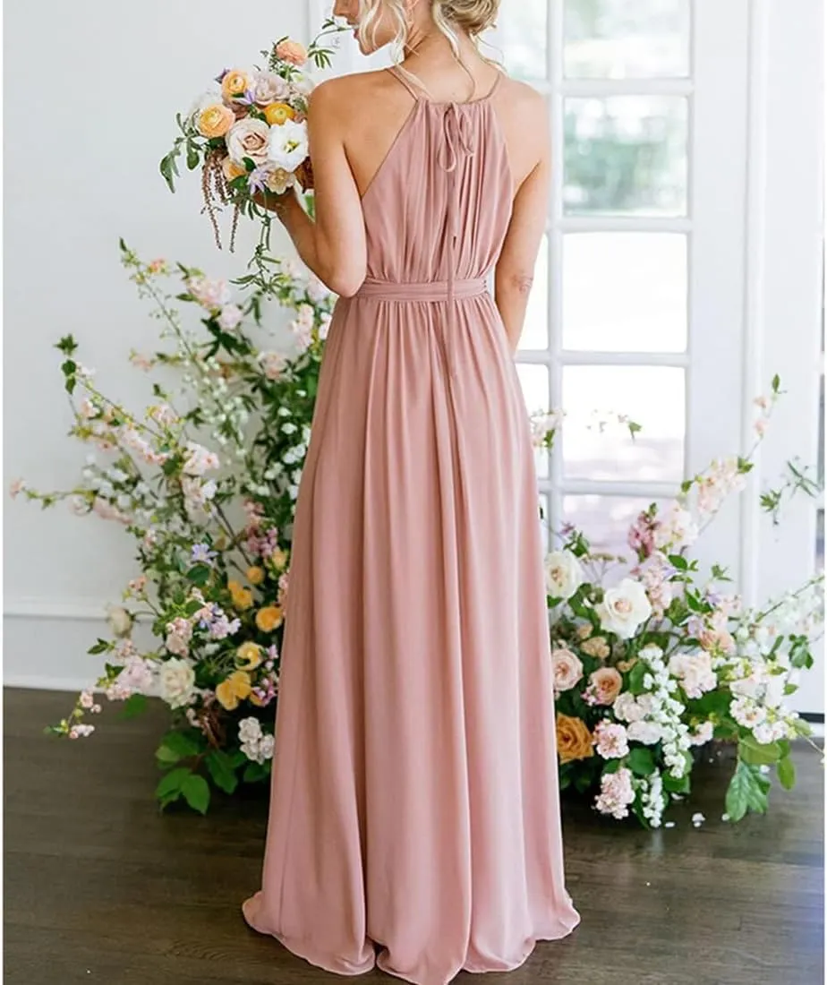 Dresses for Women 2024 Wedding Guest Halter Pleated Chiffon Bridesmaid Dresses with Pockets