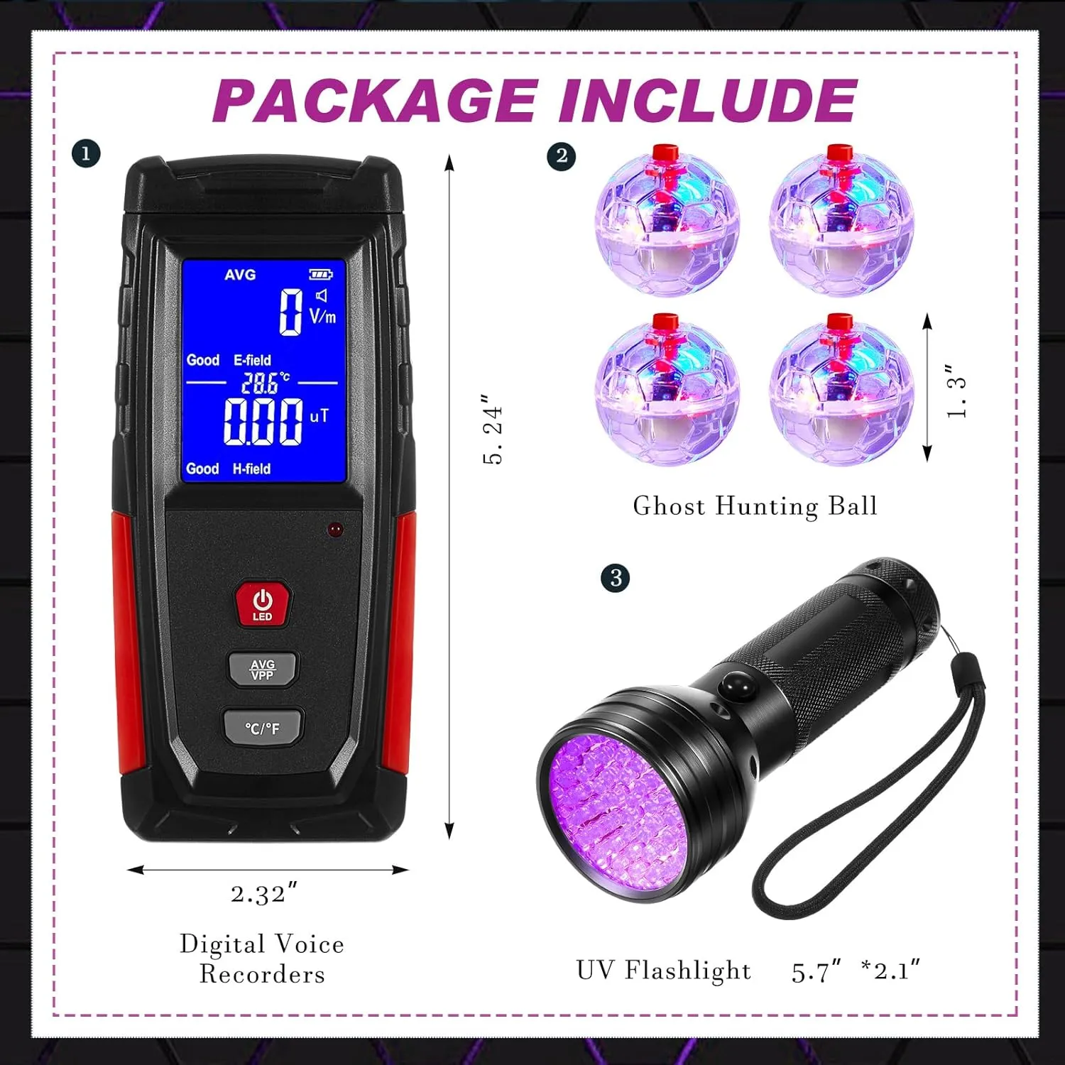 Dunzy 6 Pcs Ghost Hunting Equipment Kit Include 1 Emf Meter 1 UV Flashlight and 4 LED Light up Pet Cat Ball Ghost Investigation Paranormal Equipment for Home Office Inspections Gifts (Screen Emf)