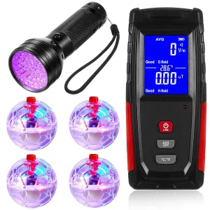 Dunzy 6 Pcs Ghost Hunting Equipment Kit Include 1 Emf Meter 1 UV Flashlight and 4 LED Light up Pet Cat Ball Ghost Investigation Paranormal Equipment for Home Office Inspections Gifts (Screen Emf)