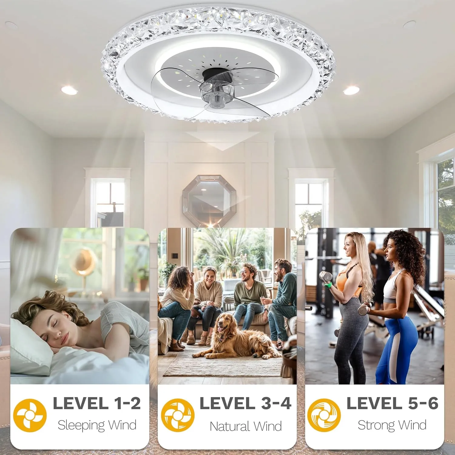 DWVO 20 Inch Ceiling Fan with Lights and Remote, Low Profile Flush Mount Ceiling Fan with Light, Dimmable Fandelier LED Fan Light with App Control, Bladeless Fan Ceiling for Bedroom, Kitchen