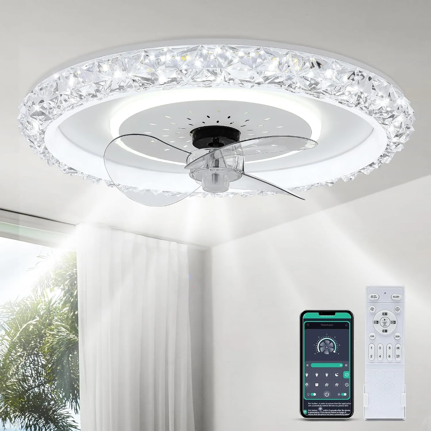 DWVO 20 Inch Ceiling Fan with Lights and Remote, Low Profile Flush Mount Ceiling Fan with Light, Dimmable Fandelier LED Fan Light with App Control, Bladeless Fan Ceiling for Bedroom, Kitchen