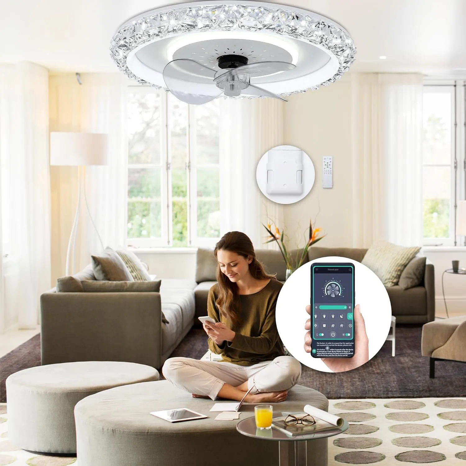 DWVO 20 Inch Ceiling Fan with Lights and Remote, Low Profile Flush Mount Ceiling Fan with Light, Dimmable Fandelier LED Fan Light with App Control, Bladeless Fan Ceiling for Bedroom, Kitchen