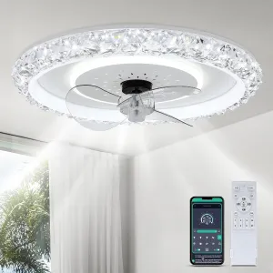 DWVO 20 Inch Ceiling Fan with Lights and Remote, Low Profile Flush Mount Ceiling Fan with Light, Dimmable Fandelier LED Fan Light with App Control, Bladeless Fan Ceiling for Bedroom, Kitchen