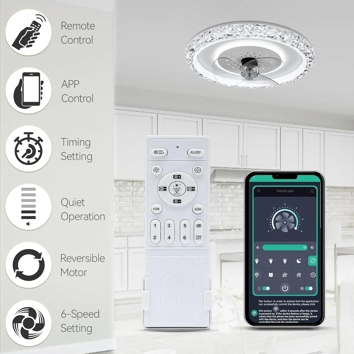 DWVO 20 Inch Ceiling Fan with Lights and Remote, Low Profile Flush Mount Ceiling Fan with Light, Dimmable Fandelier LED Fan Light with App Control, Bladeless Fan Ceiling for Bedroom, Kitchen