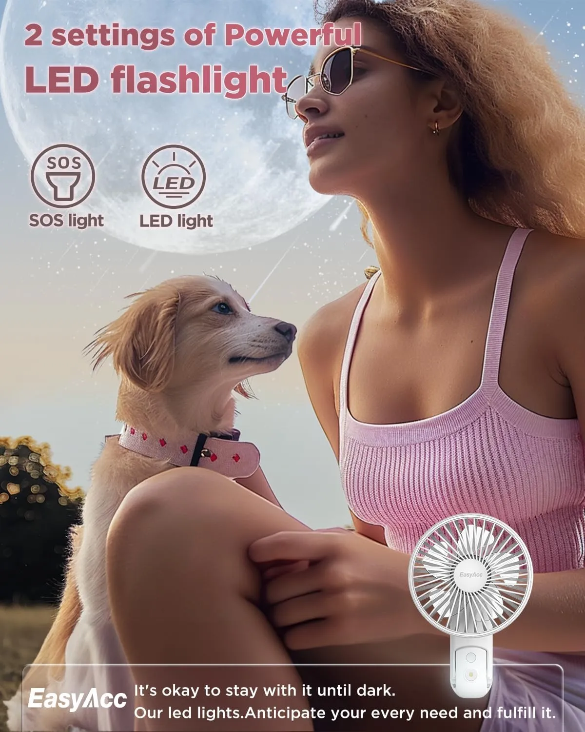 EasyAcc 3 IN 1 Hand Fan,Portable Fan for Travel,5000 Battery Handhedl Fan [Ultra Quiet Powerful]-5 Speeds/Backup Power/SOS Light/Digital Display/Lanyard- for Travel/Cruise/Summer/Concerts/Lash Pink