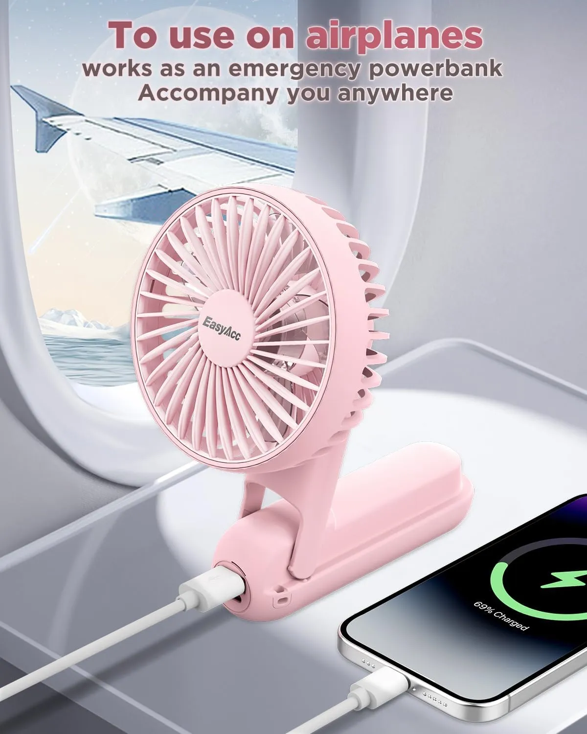 EasyAcc 3 IN 1 Hand Fan,Portable Fan for Travel,5000 Battery Handhedl Fan [Ultra Quiet Powerful]-5 Speeds/Backup Power/SOS Light/Digital Display/Lanyard- for Travel/Cruise/Summer/Concerts/Lash Pink