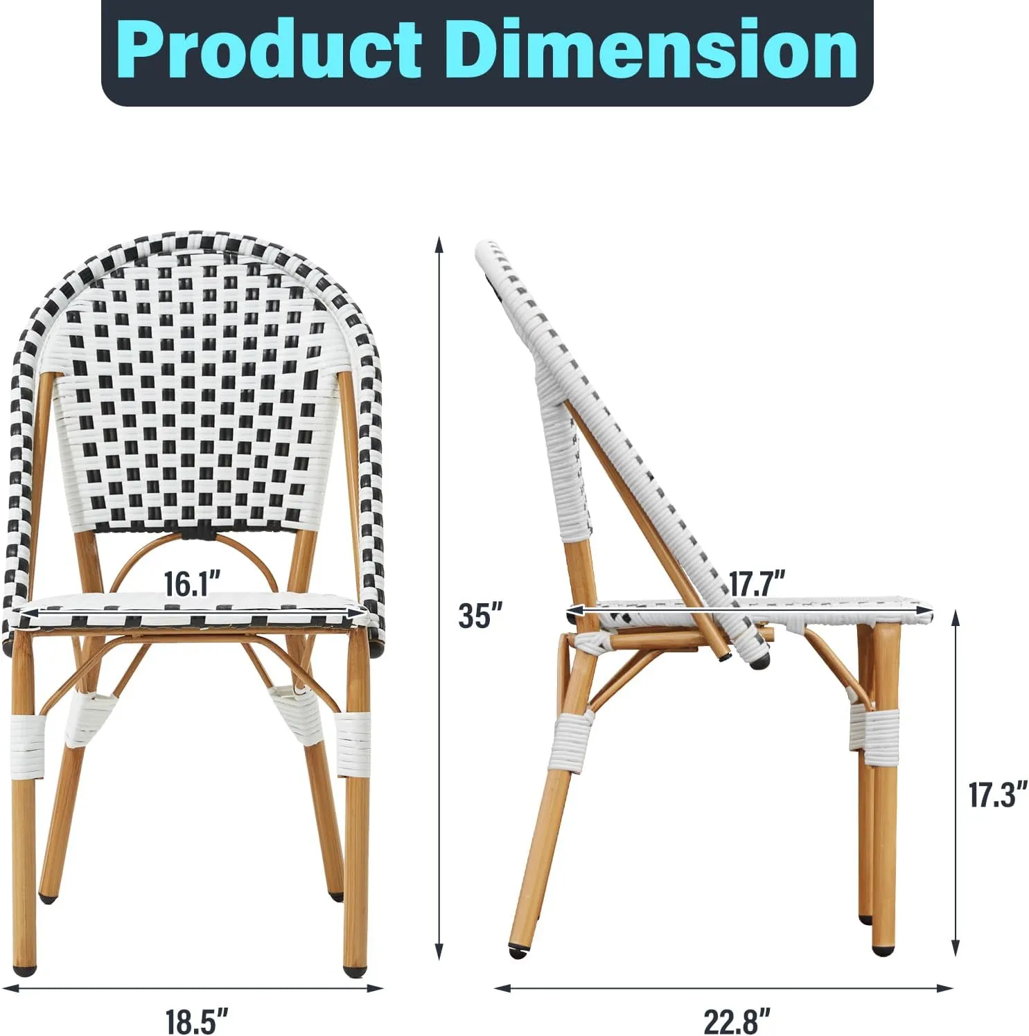 ECOTOUGE 4-Piece French Bistro Chair Set, Handwoven Wicker Patio Dining Chairs with Weather-Resistant Rattan, Indoor/Outdoor Use for Garden, Porch, Black&White