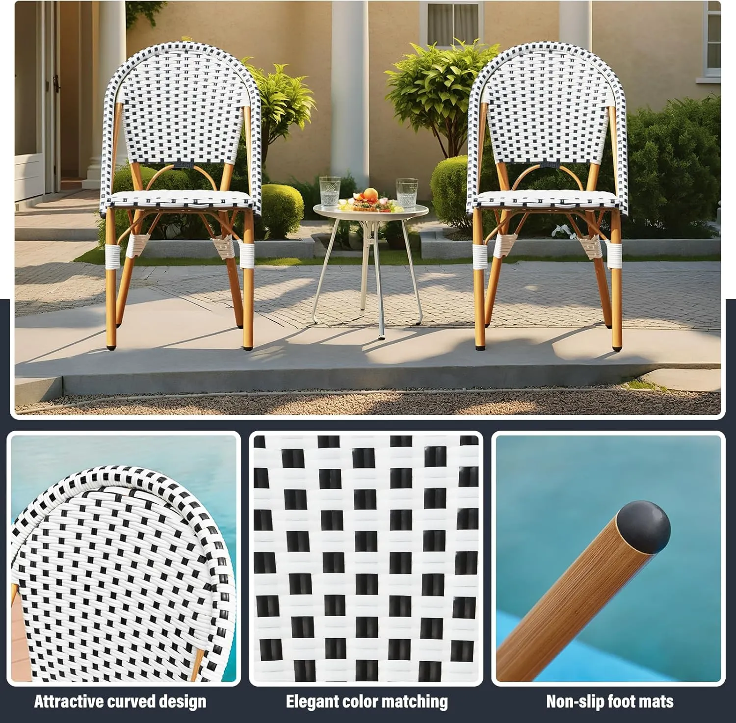 ECOTOUGE 4-Piece French Bistro Chair Set, Handwoven Wicker Patio Dining Chairs with Weather-Resistant Rattan, Indoor/Outdoor Use for Garden, Porch, Black&White
