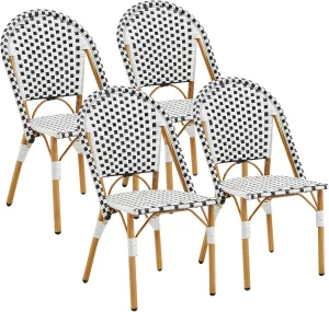 ECOTOUGE 4-Piece French Bistro Chair Set, Handwoven Wicker Patio Dining Chairs with Weather-Resistant Rattan, Indoor/Outdoor Use for Garden, Porch, Black&White