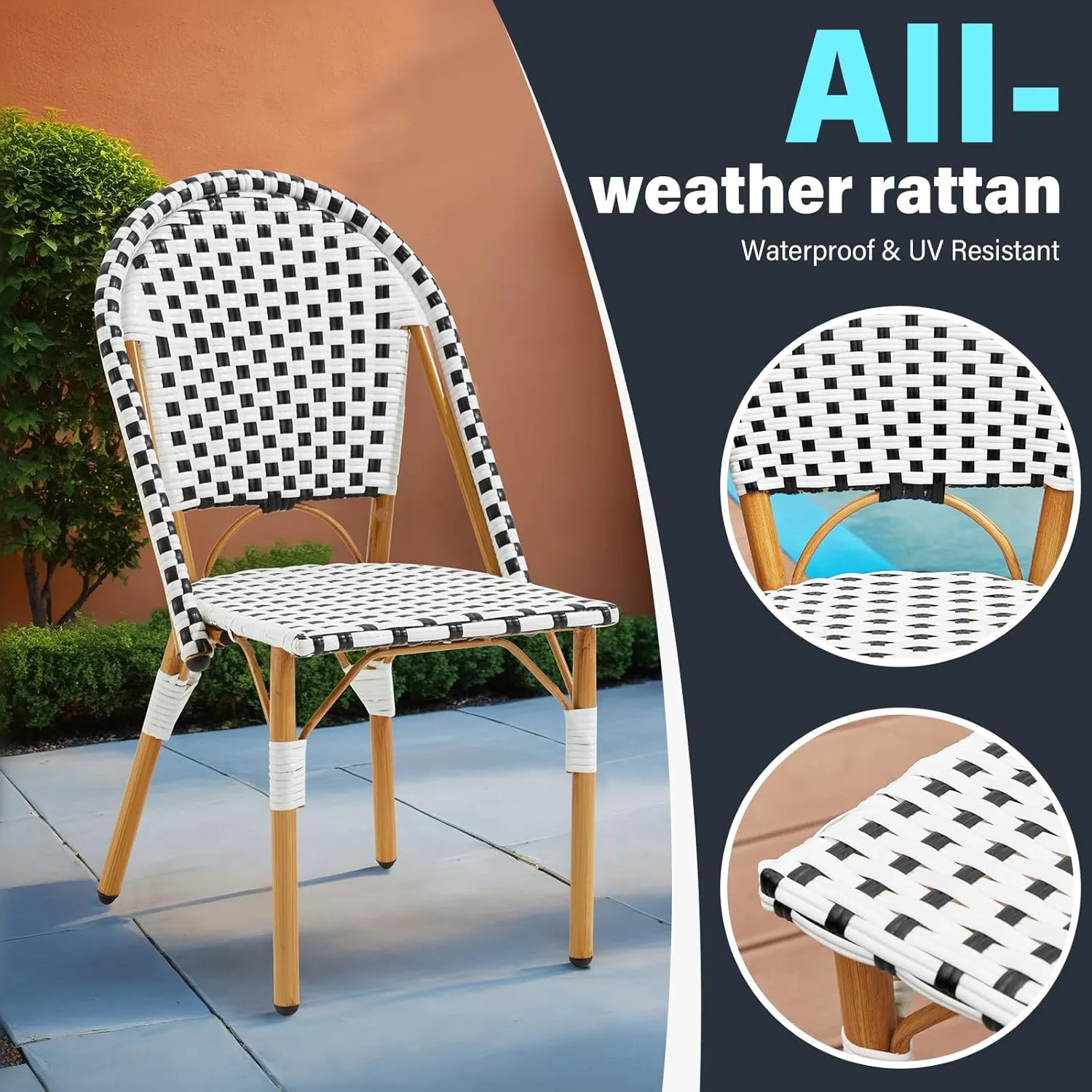 ECOTOUGE 4-Piece French Bistro Chair Set, Handwoven Wicker Patio Dining Chairs with Weather-Resistant Rattan, Indoor/Outdoor Use for Garden, Porch, Black&White