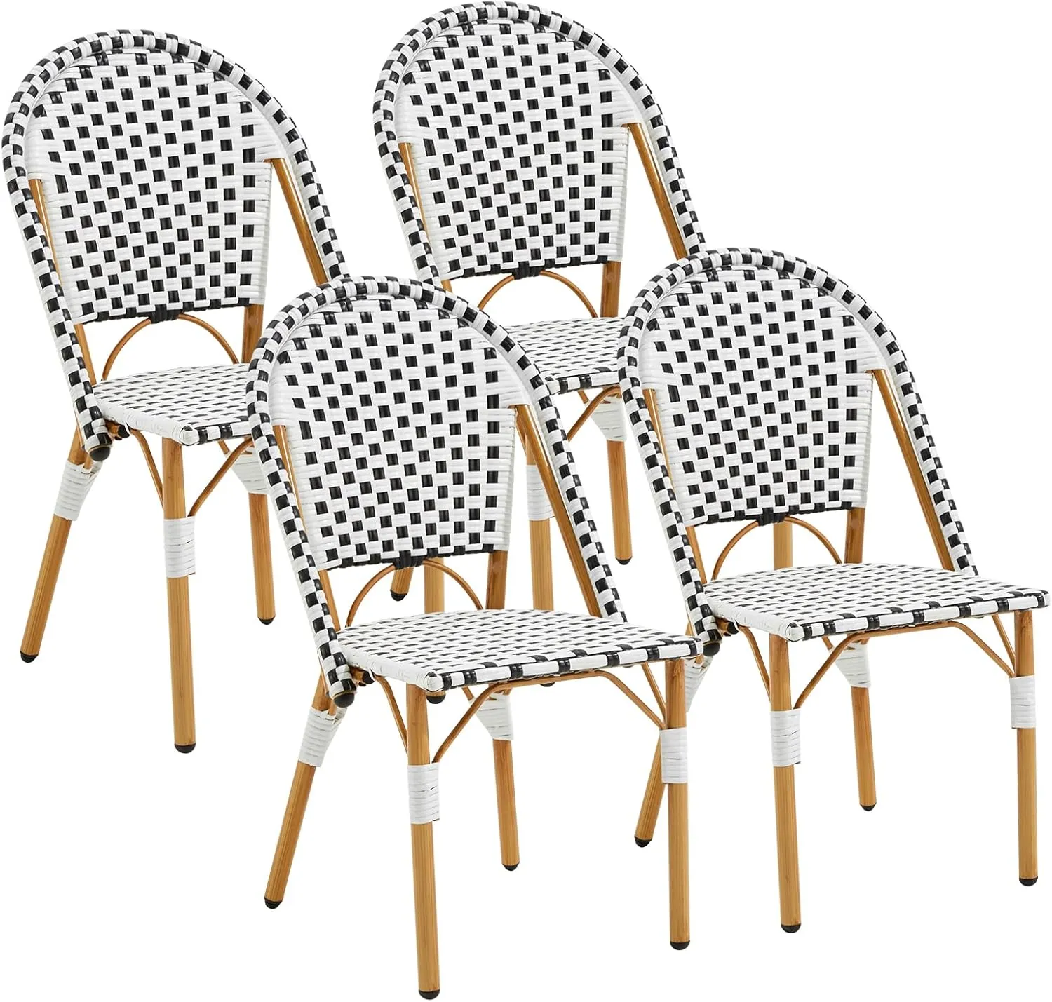 ECOTOUGE 4-Piece French Bistro Chair Set, Handwoven Wicker Patio Dining Chairs with Weather-Resistant Rattan, Indoor/Outdoor Use for Garden, Porch, Black&White