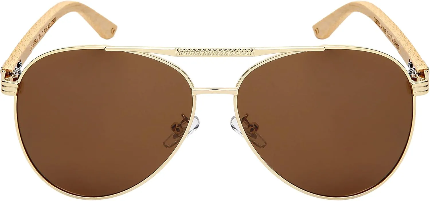 Edge I-Wear Polarized Classic Pilot Style Aviator Sunglasses Natural Bamboo Temple For Men Women 5169BM-P