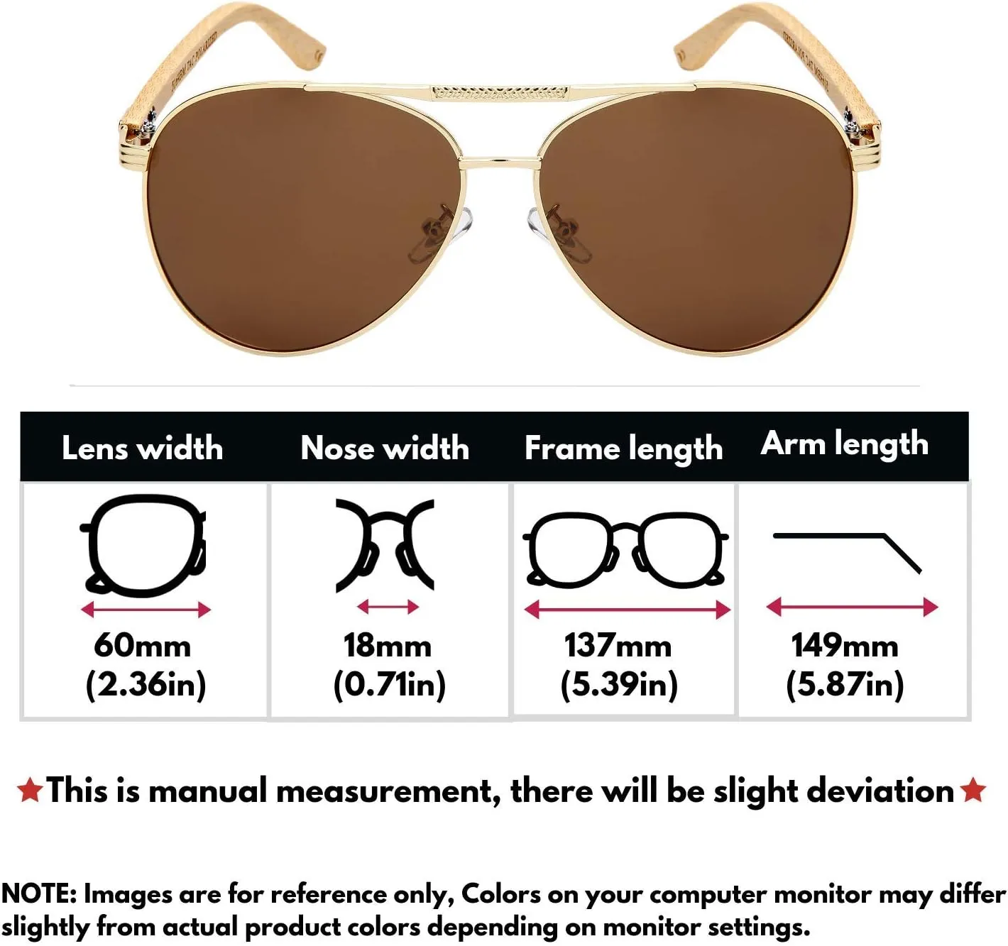Edge I-Wear Polarized Classic Pilot Style Aviator Sunglasses Natural Bamboo Temple For Men Women 5169BM-P