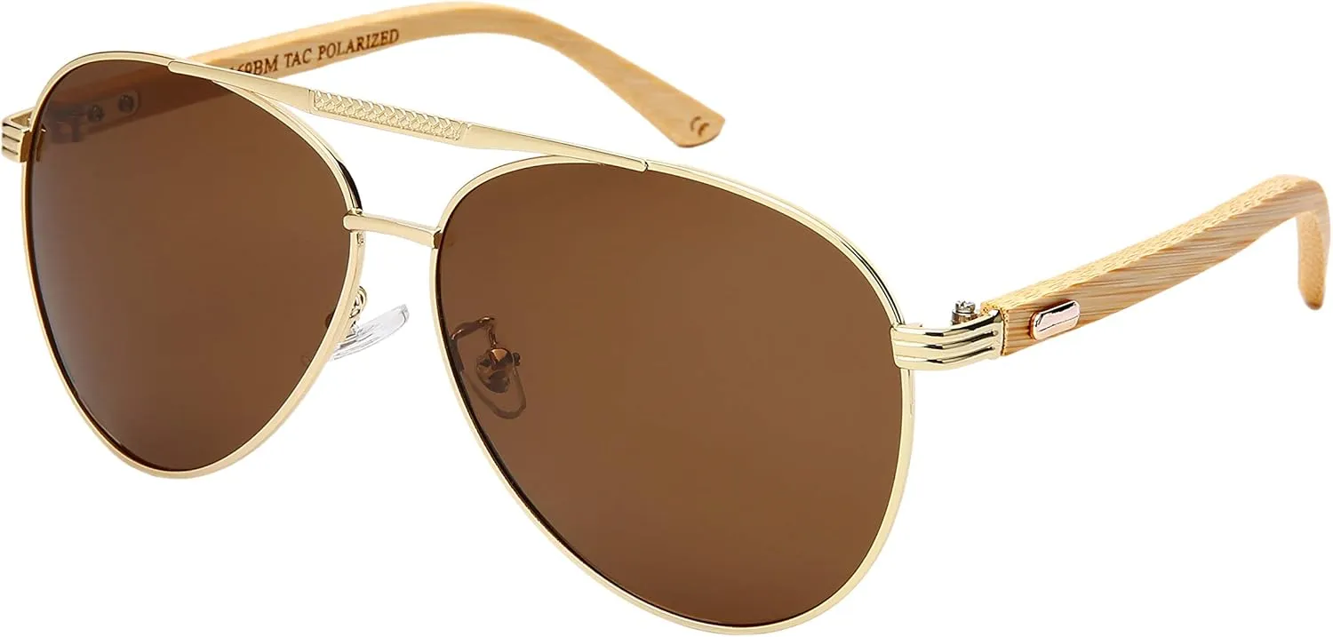 Edge I-Wear Polarized Classic Pilot Style Aviator Sunglasses Natural Bamboo Temple For Men Women 5169BM-P