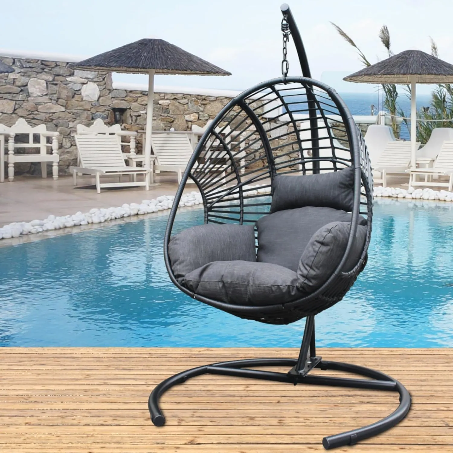 Egg Swing Chair with Stand, Hammock Rattan Lounge Chair, Waterproof and Fade-Resistant High-Density Cushions for Indoor Outdoor, Front and Back Garden, Rain Cover (Black-Metal-Foam)