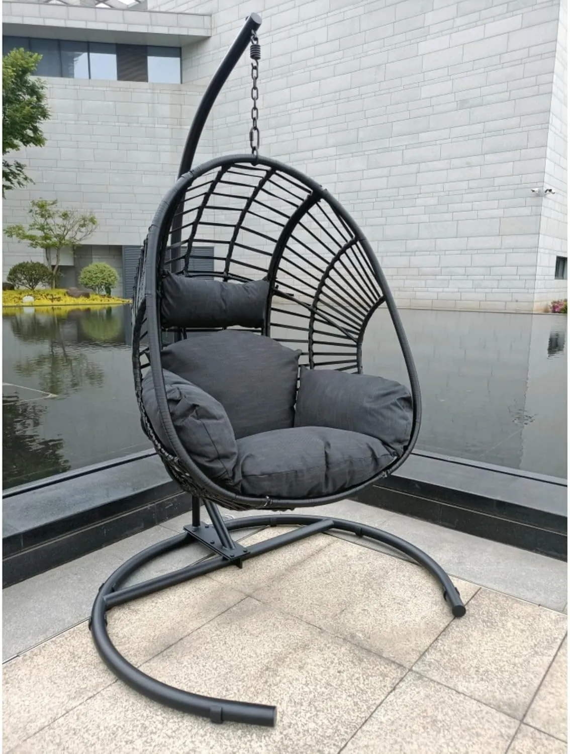 Egg Swing Chair with Stand, Hammock Rattan Lounge Chair, Waterproof and Fade-Resistant High-Density Cushions for Indoor Outdoor, Front and Back Garden, Rain Cover (Black-Metal-Foam)