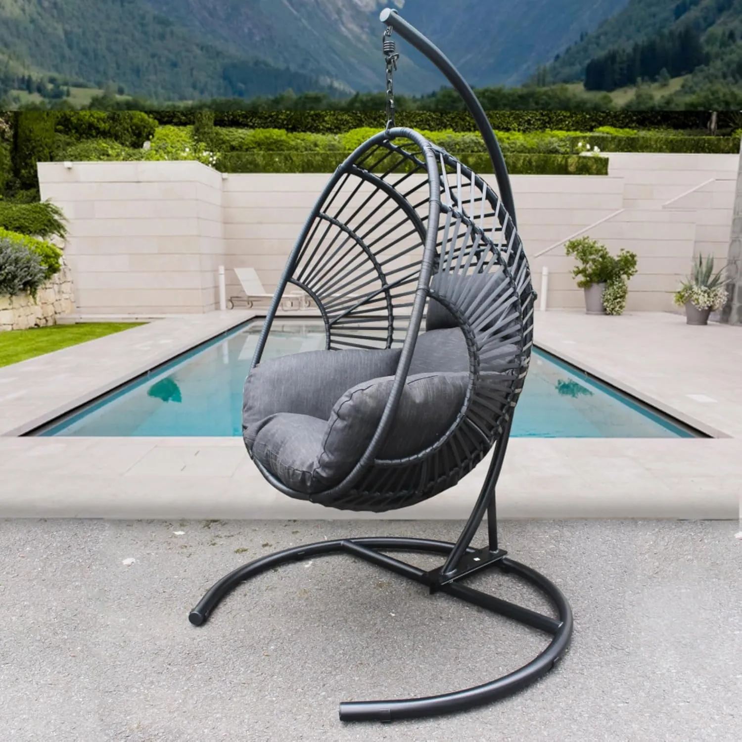 Egg Swing Chair with Stand, Hammock Rattan Lounge Chair, Waterproof and Fade-Resistant High-Density Cushions for Indoor Outdoor, Front and Back Garden, Rain Cover (Black-Metal-Foam)