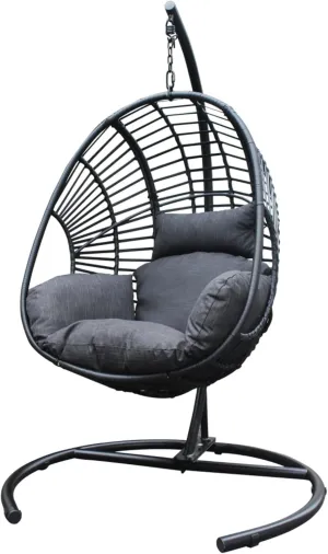 Egg Swing Chair with Stand, Hammock Rattan Lounge Chair, Waterproof and Fade-Resistant High-Density Cushions for Indoor Outdoor, Front and Back Garden, Rain Cover (Black-Metal-Foam)