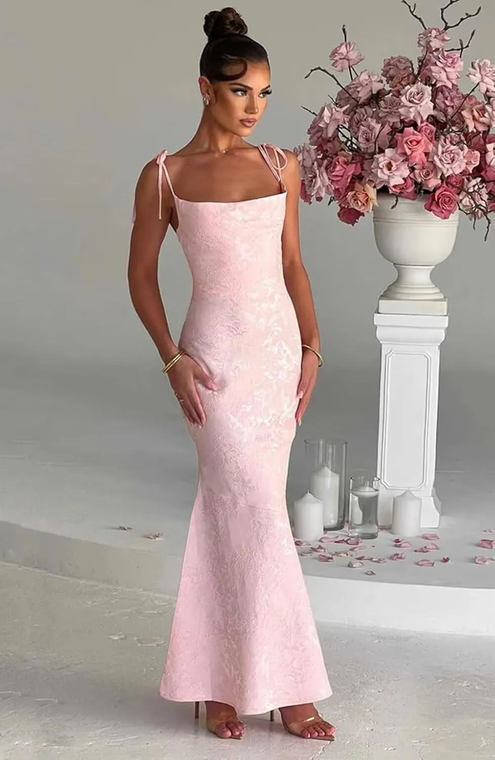 Eightale Satin Floral Jacquard Prom Dresses Mermaid Long Bodycon Formal Evening Party Gown