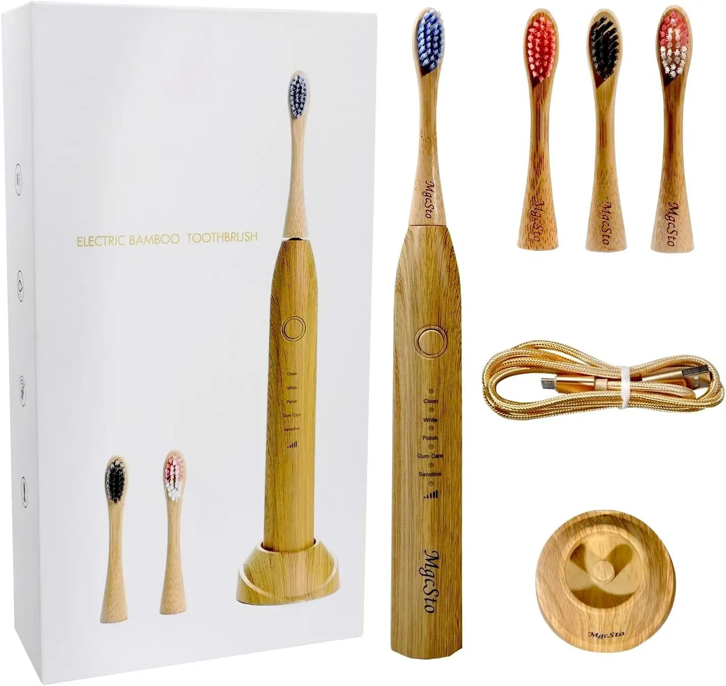 Electric Bamboo Toothbrush Sonic Toothbrush - 4 Replaceable Bamboo Brush Heads Eco-Friendly IPX7 Waterproof Electric Toothbrush, One-Button Switch Five-Mode Brushing