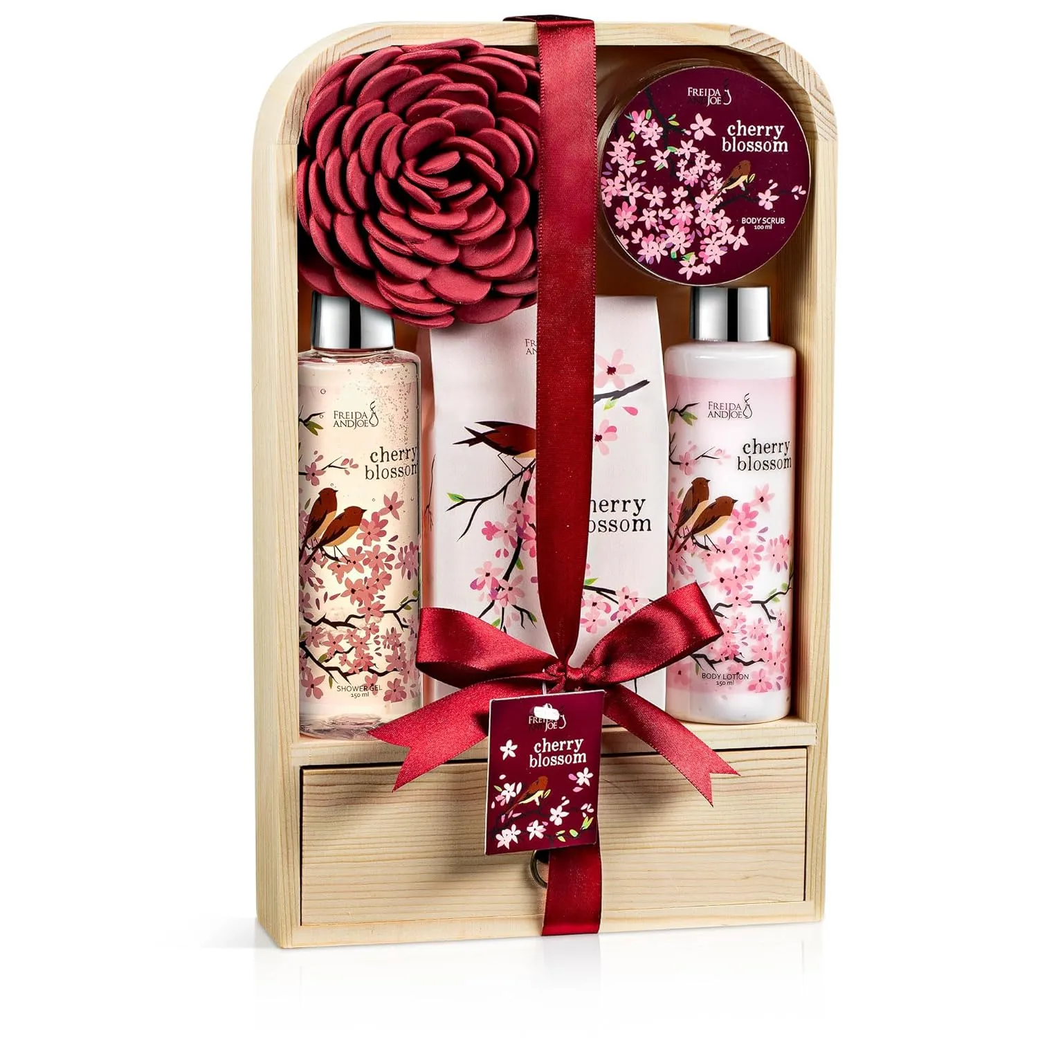 Elegant Modern Cherry Blossom Bath and Body Gift Set - 6pc Home Spa Set with Shower Gel, Body Lotion, Bath Salt, Body Scrub & Pouf in Wooden Curio