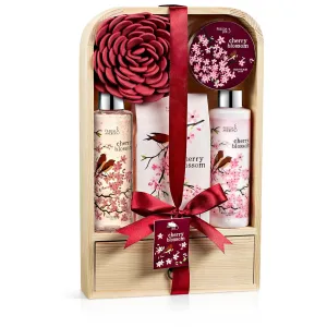 Elegant Modern Cherry Blossom Bath and Body Gift Set - 6pc Home Spa Set with Shower Gel, Body Lotion, Bath Salt, Body Scrub & Pouf in Wooden Curio