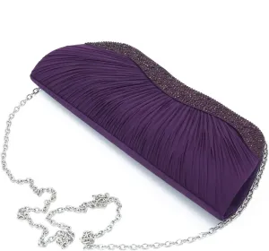 Elegant Pleated Satin & Crystal Hard Clutch Evening Bag - Diff Colors Avail