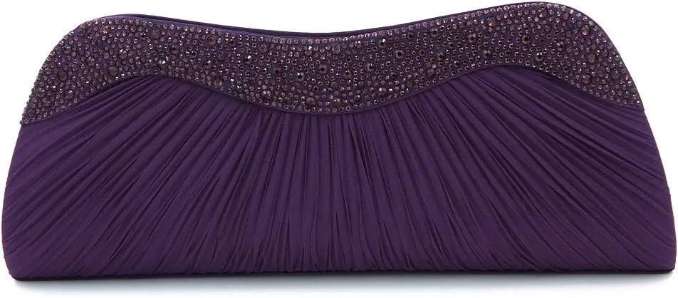 Elegant Pleated Satin & Crystal Hard Clutch Evening Bag - Diff Colors Avail