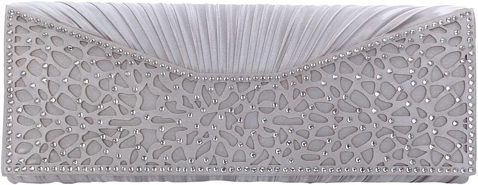 Elegant Pleated Satin Floral Crystal Flap Clutch Evening Bag - Diff Colors Avail