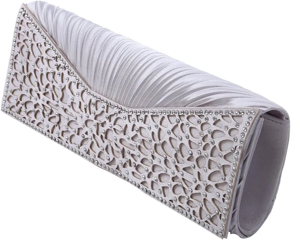 Elegant Pleated Satin Floral Crystal Flap Clutch Evening Bag - Diff Colors Avail