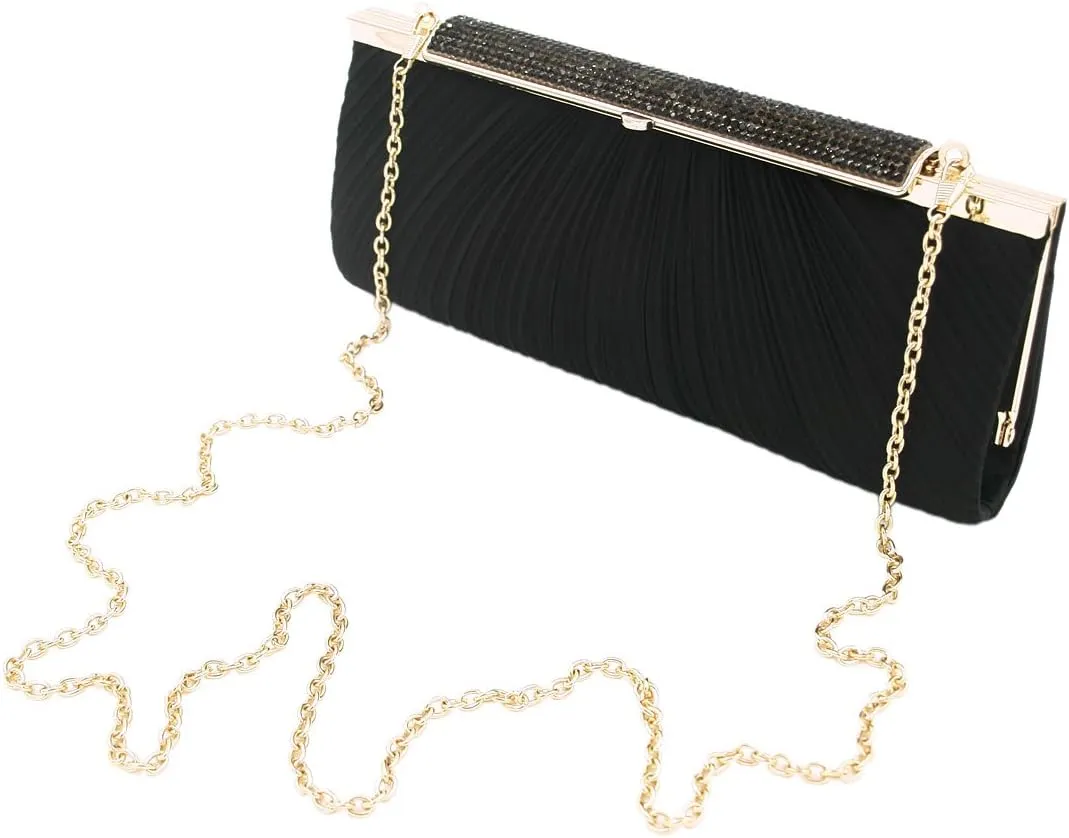Elegant Pleated Satin w/Crystal Top Hard Frame Clutch Evening Bag - Diff Colors