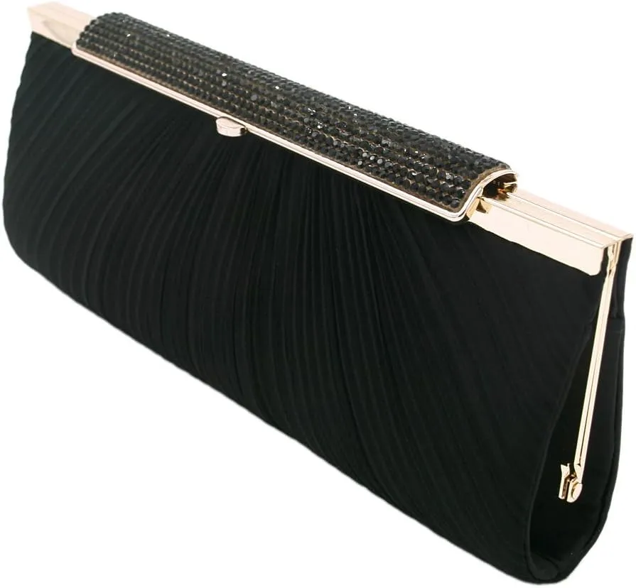 Elegant Pleated Satin w/Crystal Top Hard Frame Clutch Evening Bag - Diff Colors