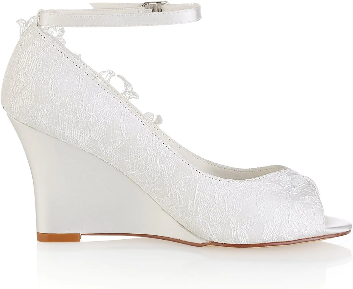 Emily Bridal Lace Wedding Shoes Ivory Peep Toe Flowers Detail Wedge Shoes Ankle Strap Bridal Shoes