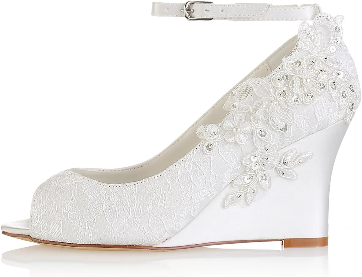 Emily Bridal Lace Wedding Shoes Ivory Peep Toe Flowers Detail Wedge Shoes Ankle Strap Bridal Shoes