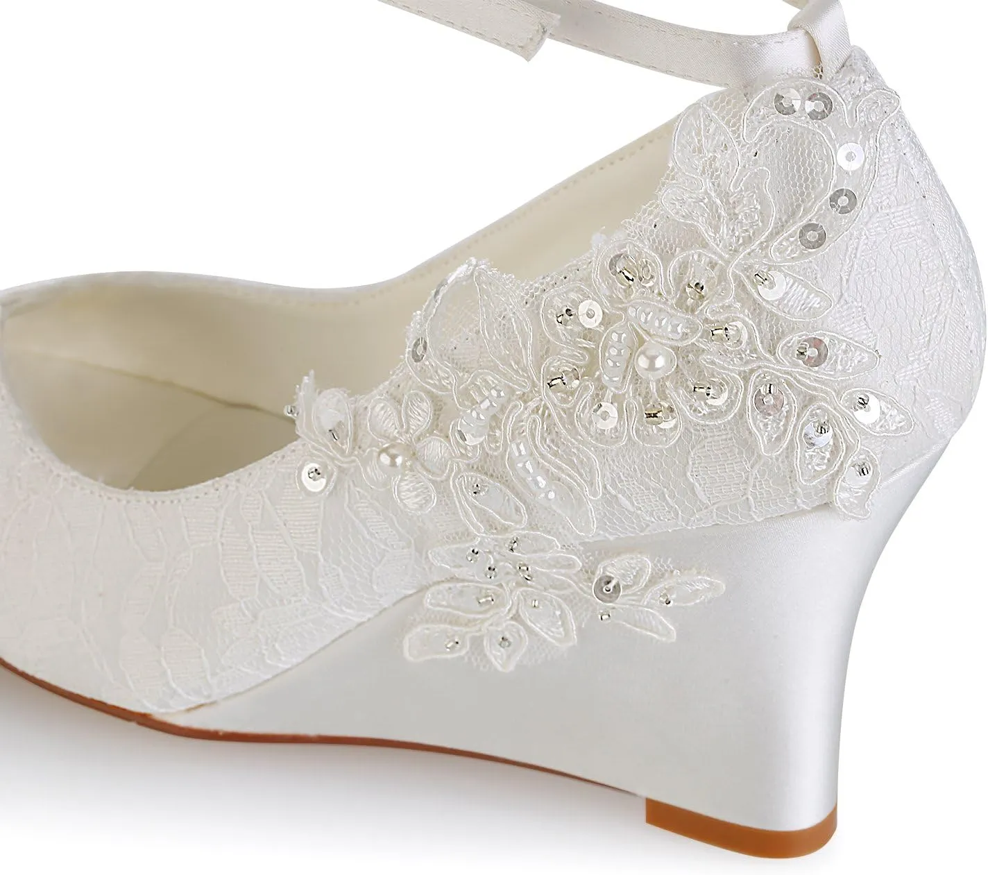 Emily Bridal Lace Wedding Shoes Ivory Peep Toe Flowers Detail Wedge Shoes Ankle Strap Bridal Shoes