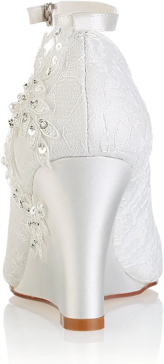Emily Bridal Lace Wedding Shoes Ivory Peep Toe Flowers Detail Wedge Shoes Ankle Strap Bridal Shoes