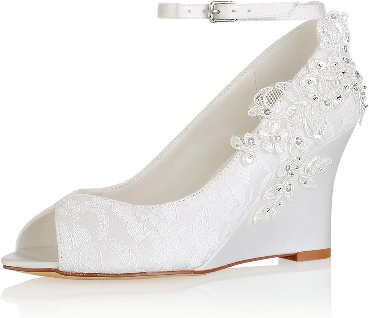 Emily Bridal Lace Wedding Shoes Ivory Peep Toe Flowers Detail Wedge Shoes Ankle Strap Bridal Shoes