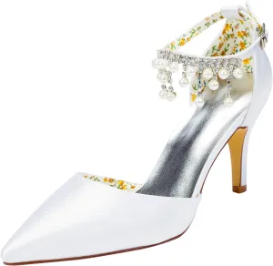 Emily Bridal Pearls Bridal Shoes High Heel Pointed Toe White Pumps Women's Ankle Strap Elegant Rhinestones Evening Shoes