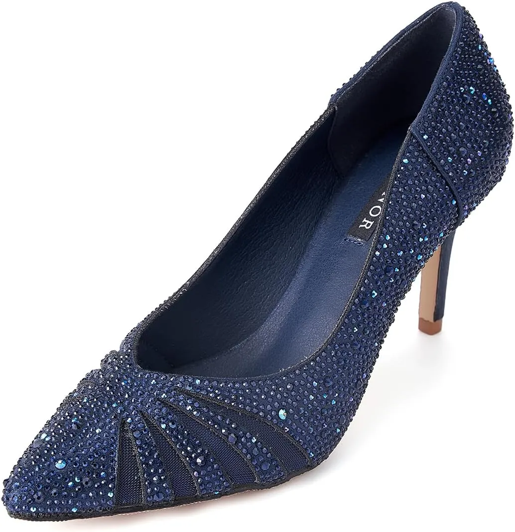 ERIJUNOR E2406 Women Pumps Comfortable Mid Heel Sparkly Rhinestone mesh Evening Prom Wedding Shoes