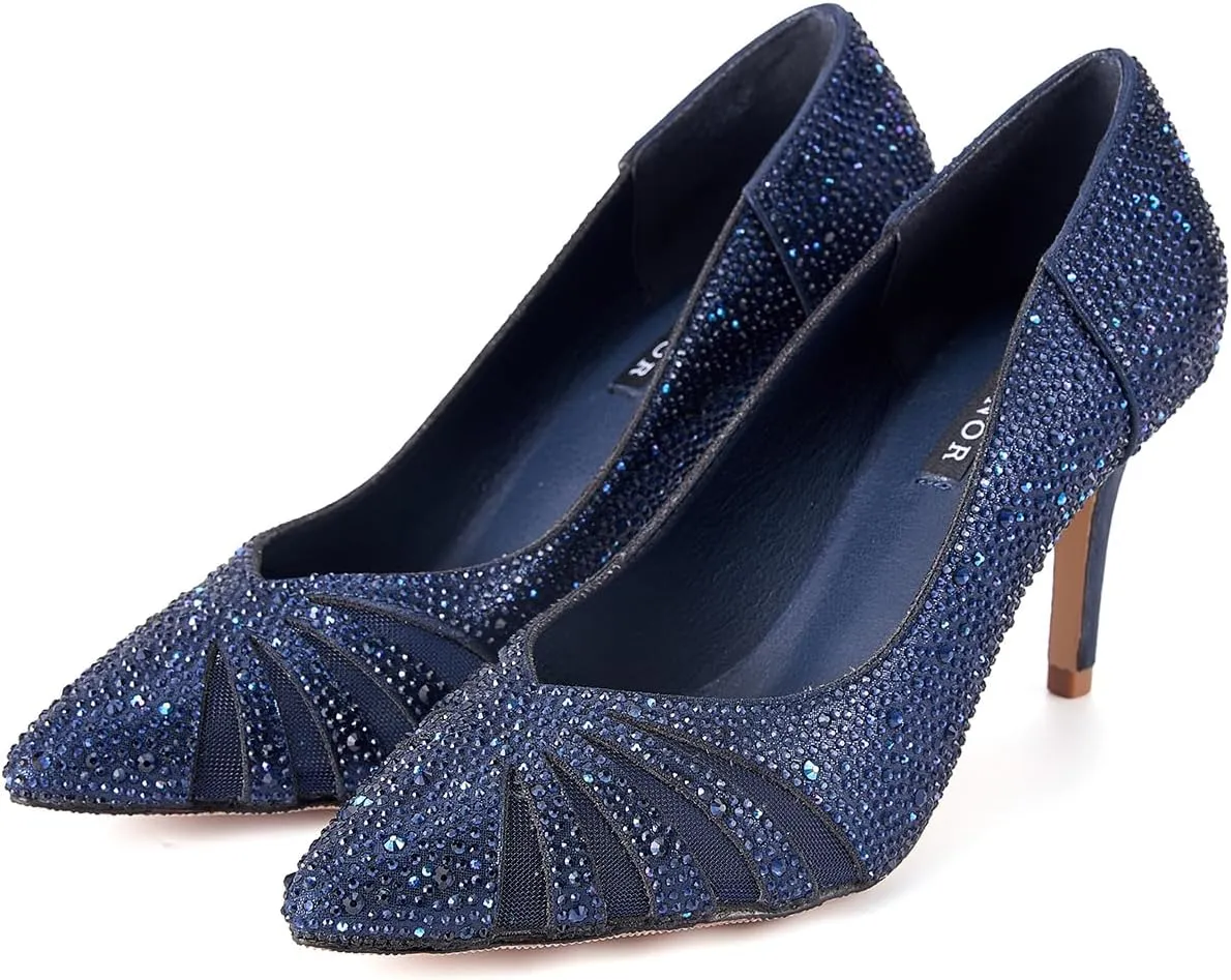 ERIJUNOR E2406 Women Pumps Comfortable Mid Heel Sparkly Rhinestone mesh Evening Prom Wedding Shoes