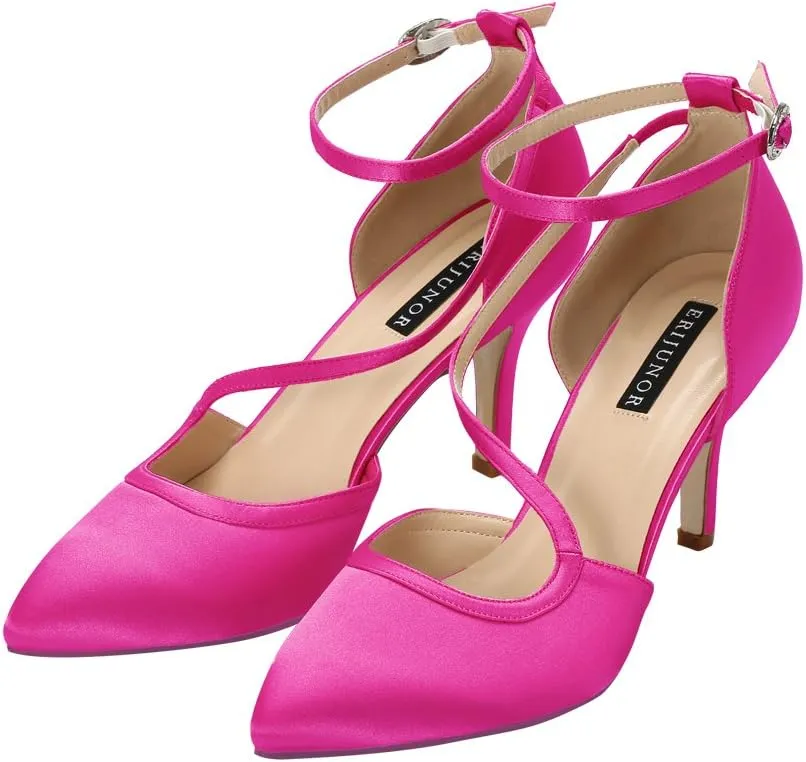 ERIJUNOR Women Comfortable Mid Heel Ankle Strappy Dress Pumps Pointed Toe Satin Wedding Evening Party Shoes