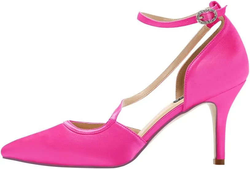 ERIJUNOR Women Comfortable Mid Heel Ankle Strappy Dress Pumps Pointed Toe Satin Wedding Evening Party Shoes