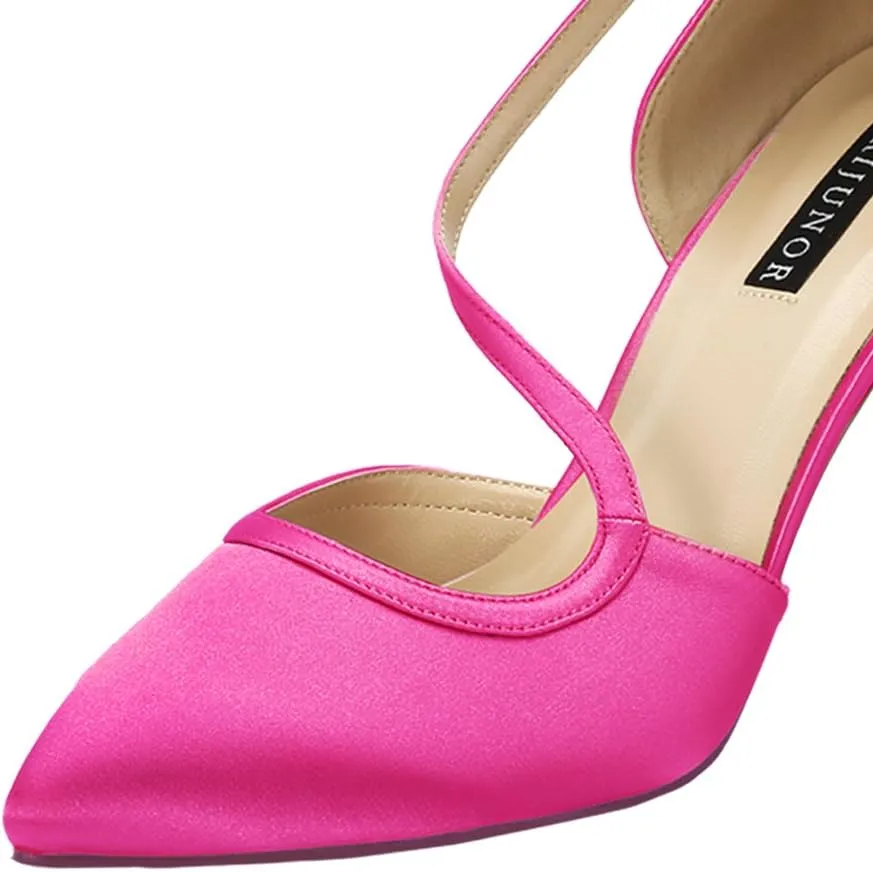 ERIJUNOR Women Comfortable Mid Heel Ankle Strappy Dress Pumps Pointed Toe Satin Wedding Evening Party Shoes